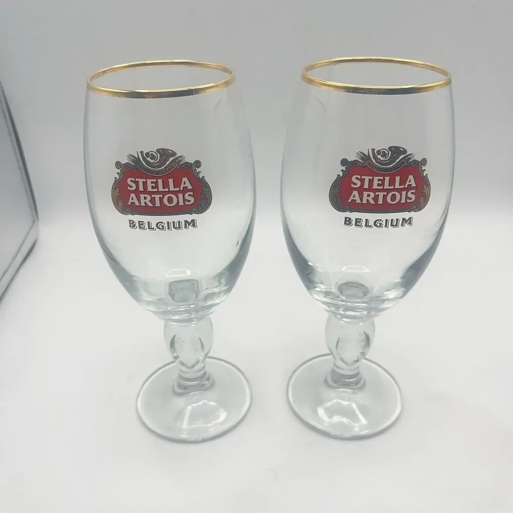 STELLA ARTOIS Belgium Chalice Beer Glass 33 CL Gold Rim (Set Of 2)